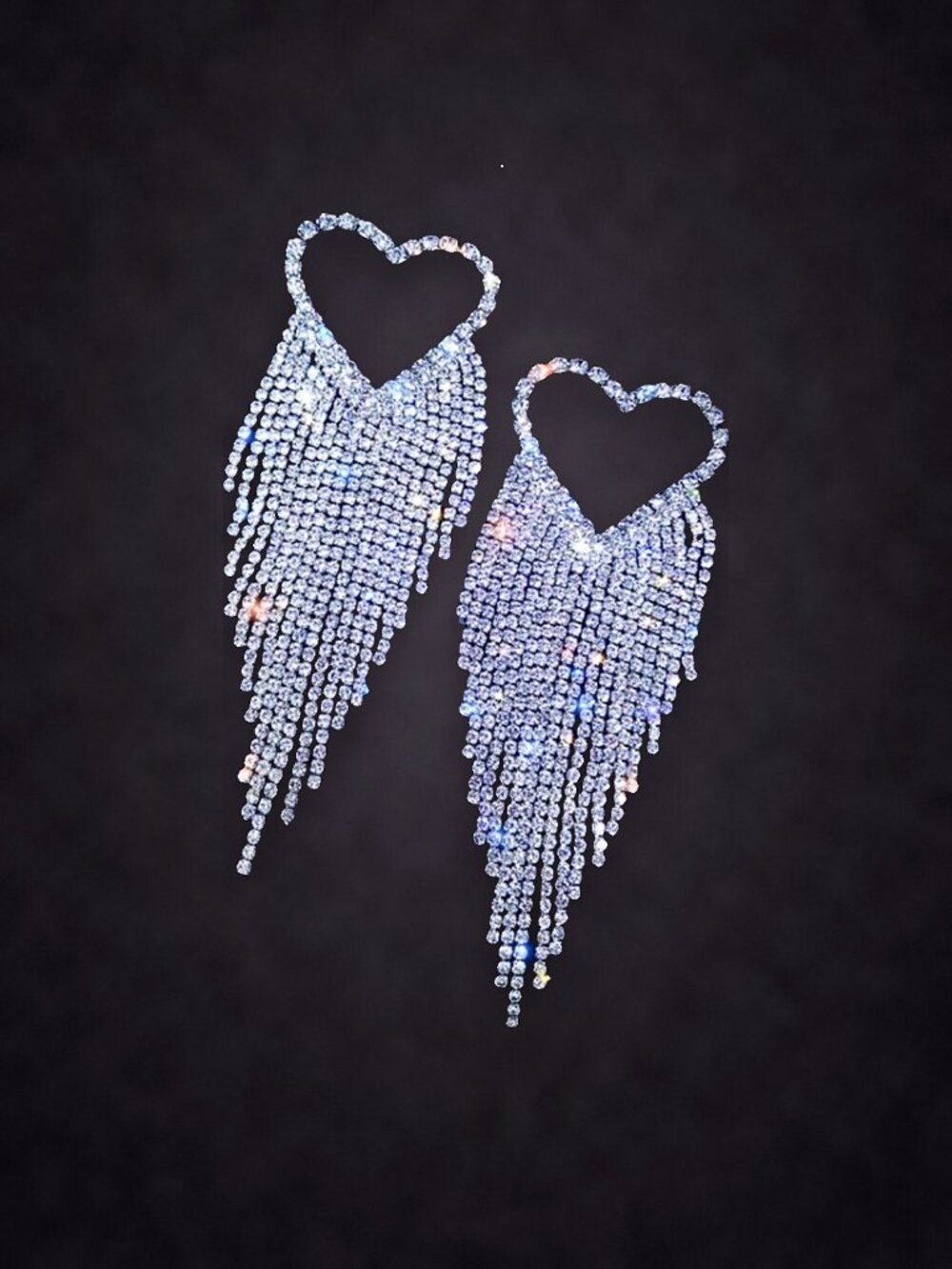 Rhinestone Open Heart Earrings with Long Crystal Fringe Tassel, Silver Tone NWT